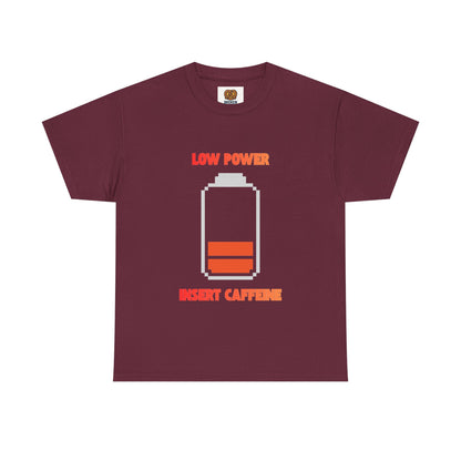 Low Power Insert Caffeine T‑Shirt — Funny Retro Battery Coffee Tee