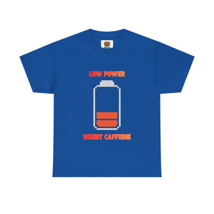 Low Power Insert Caffeine T‑Shirt — Funny Retro Battery Coffee Tee