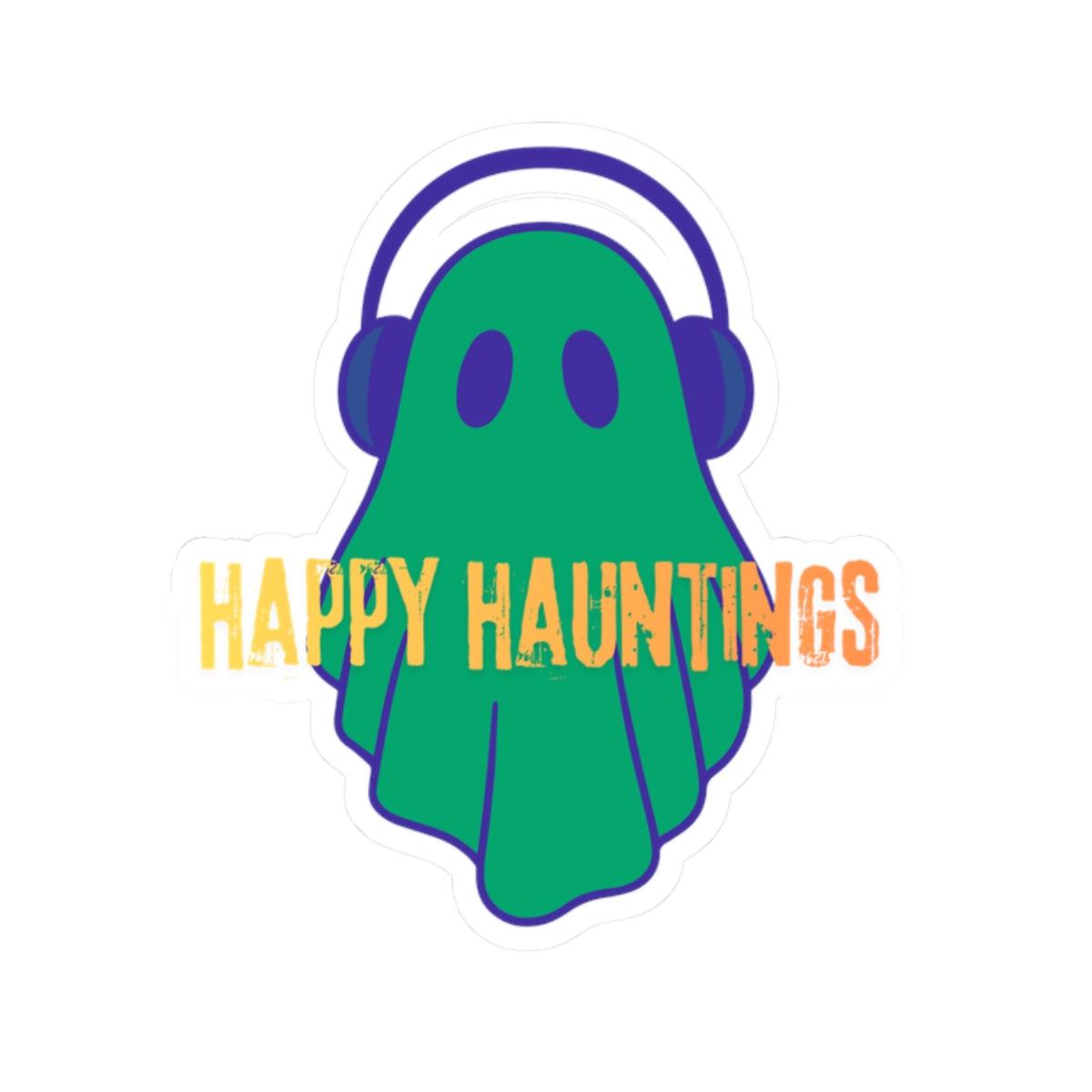 Happy Hauntings Ghost Sticker — Cute Green Ghost with Headphones Kiss-Cut Vinyl Sticker