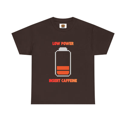 Low Power Insert Caffeine T‑Shirt — Funny Retro Battery Coffee Tee