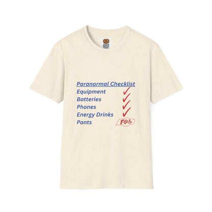 Paranormal Checklist T-Shirt — 'Batteries, Phones, Energy Drinks, Pens' Haunted Investigation Tee
