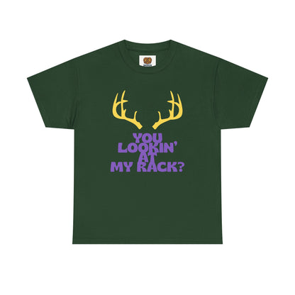 Funny Antler T-Shirt — "You Lookin' at My Rack?" Hunting Humor Tee