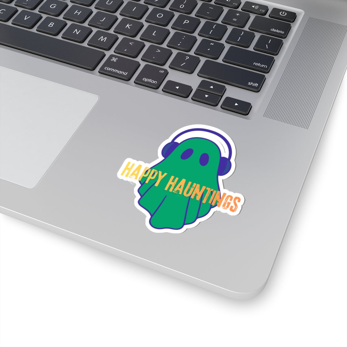 Happy Hauntings Ghost Sticker — Cute Green Ghost with Headphones Kiss-Cut Vinyl Sticker