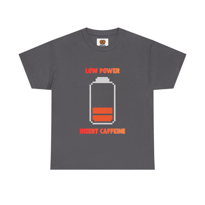 Low Power Insert Caffeine T‑Shirt — Funny Retro Battery Coffee Tee