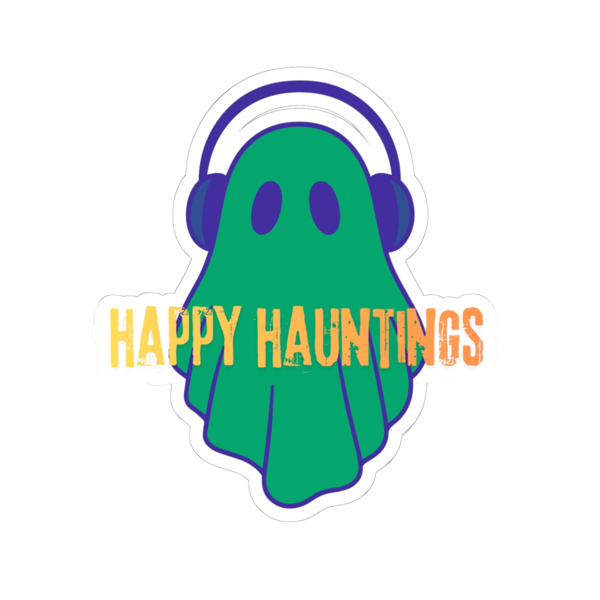 Happy Hauntings Ghost Sticker — Cute Green Ghost with Headphones Kiss-Cut Vinyl Sticker