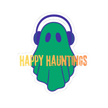 Happy Hauntings Ghost Sticker — Cute Green Ghost with Headphones Kiss-Cut Vinyl Sticker