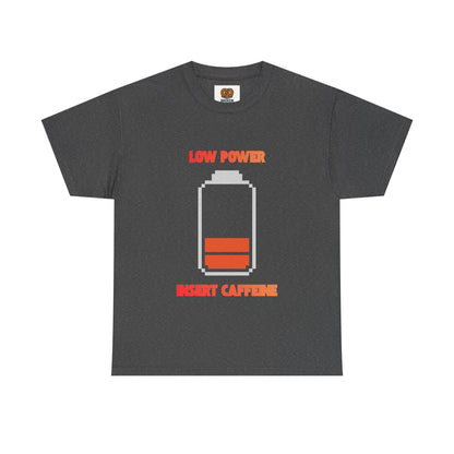 Low Power Insert Caffeine T‑Shirt — Funny Retro Battery Coffee Tee