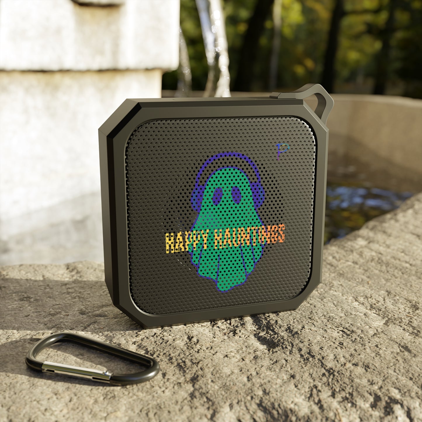 Bluetooth Speaker — 'Happy Hauntings' Ghost Outdoor Speaker (Halloween Portable Waterproof)