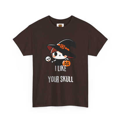 Halloween Witch Skull Tee — "I Like Your Skull" Cute Spooky Graphic T-Shirt