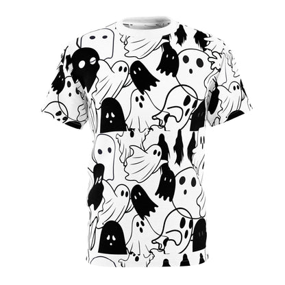 Ghost Pattern Cut & Sew Tee — Black & White Halloween All-Over Print