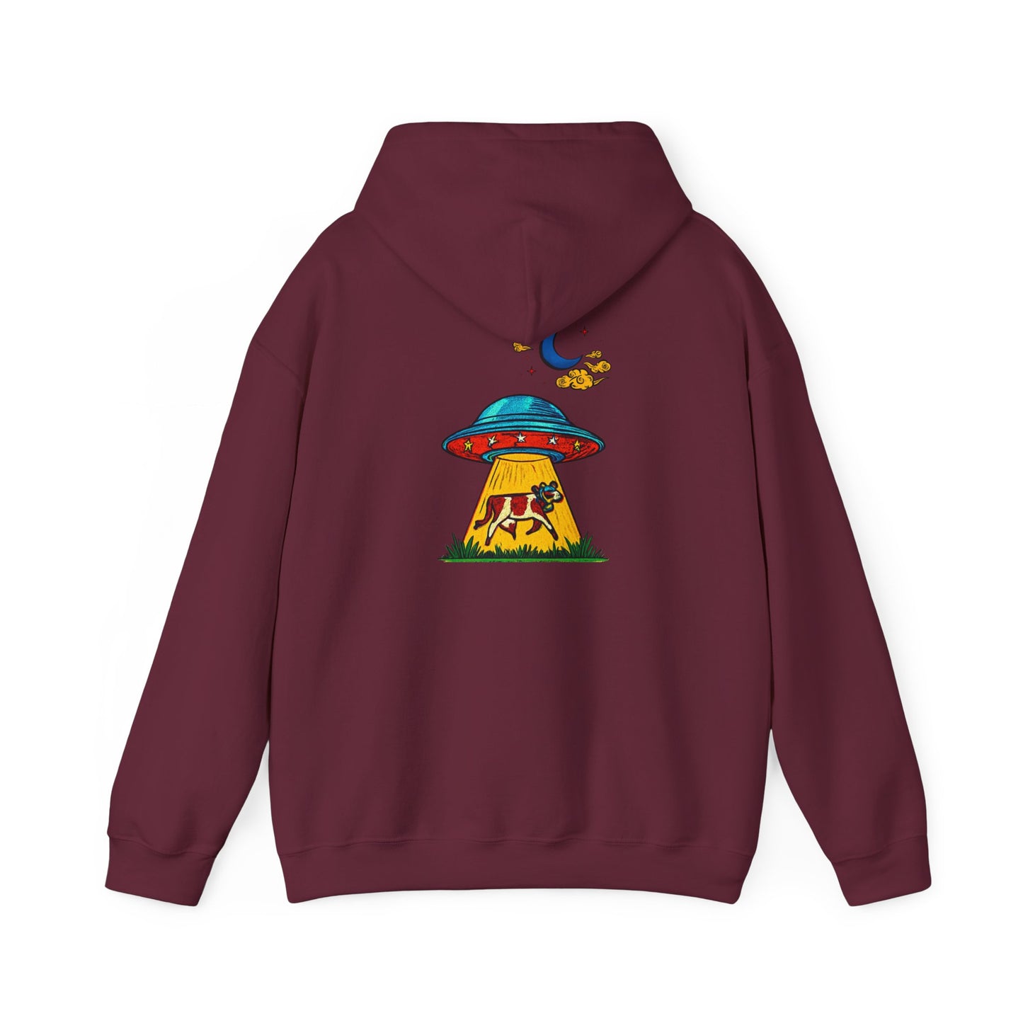 Alien UFO Abduction Hoodie — Colorful Retro Spaceship Graphic