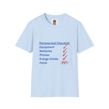 Paranormal Checklist T-Shirt — 'Batteries, Phones, Energy Drinks, Pens' Haunted Investigation Tee