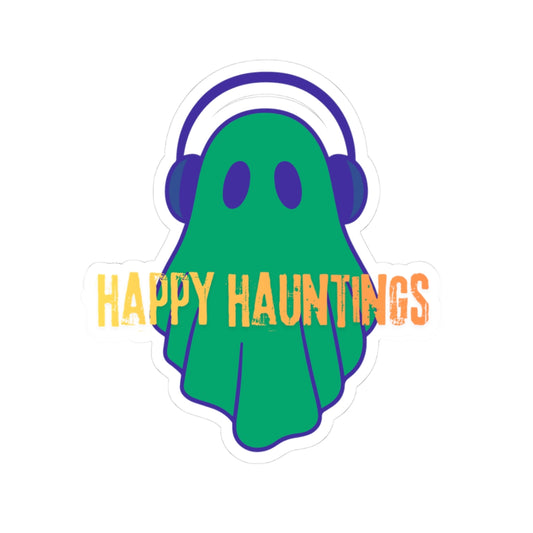 Happy Hauntings Ghost Sticker — Cute Green Ghost with Headphones Kiss-Cut Vinyl Sticker