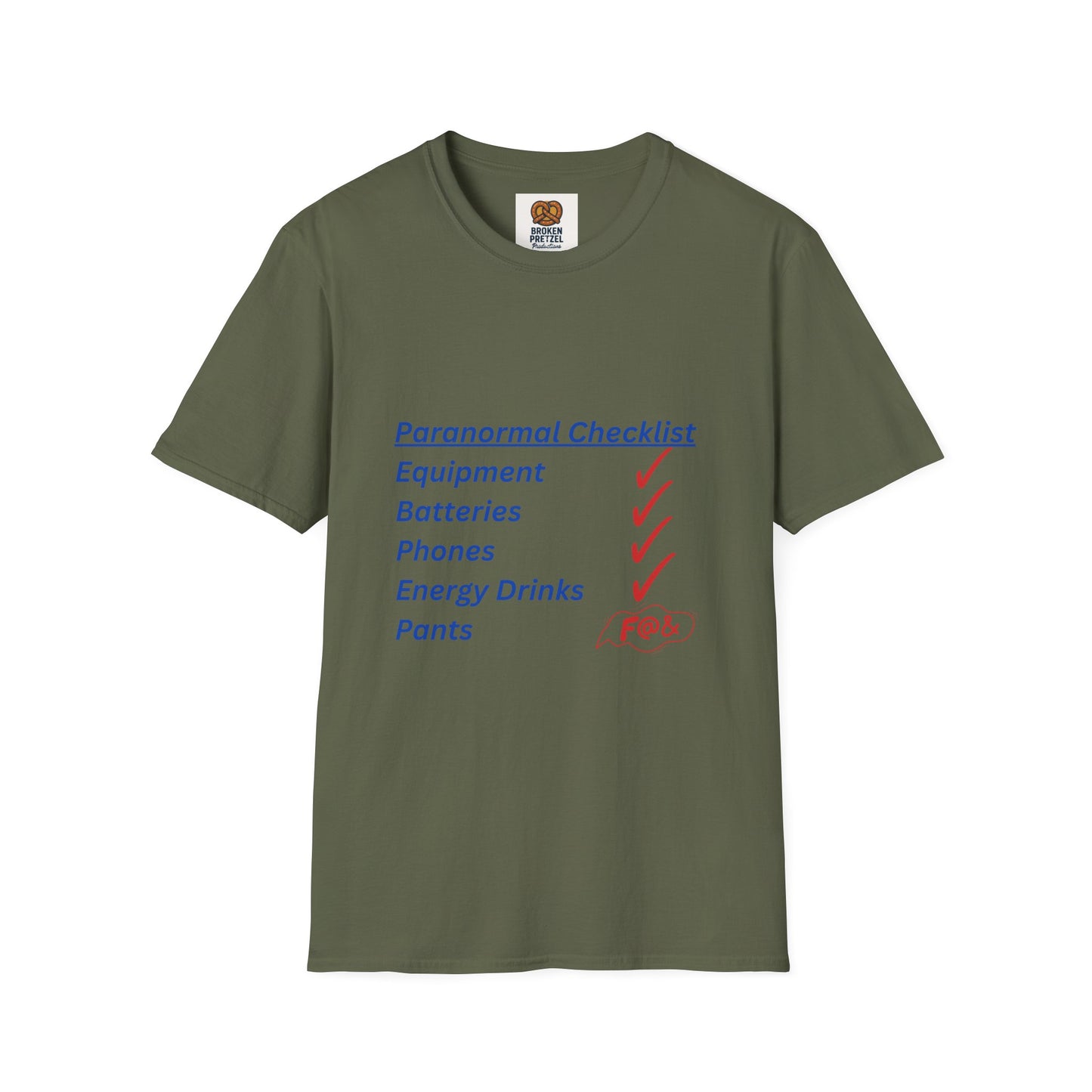 Paranormal Checklist T-Shirt — 'Batteries, Phones, Energy Drinks, Pens' Haunted Investigation Tee