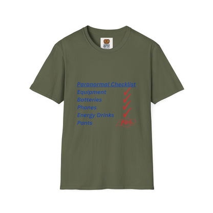 Paranormal Checklist T-Shirt — 'Batteries, Phones, Energy Drinks, Pens' Haunted Investigation Tee