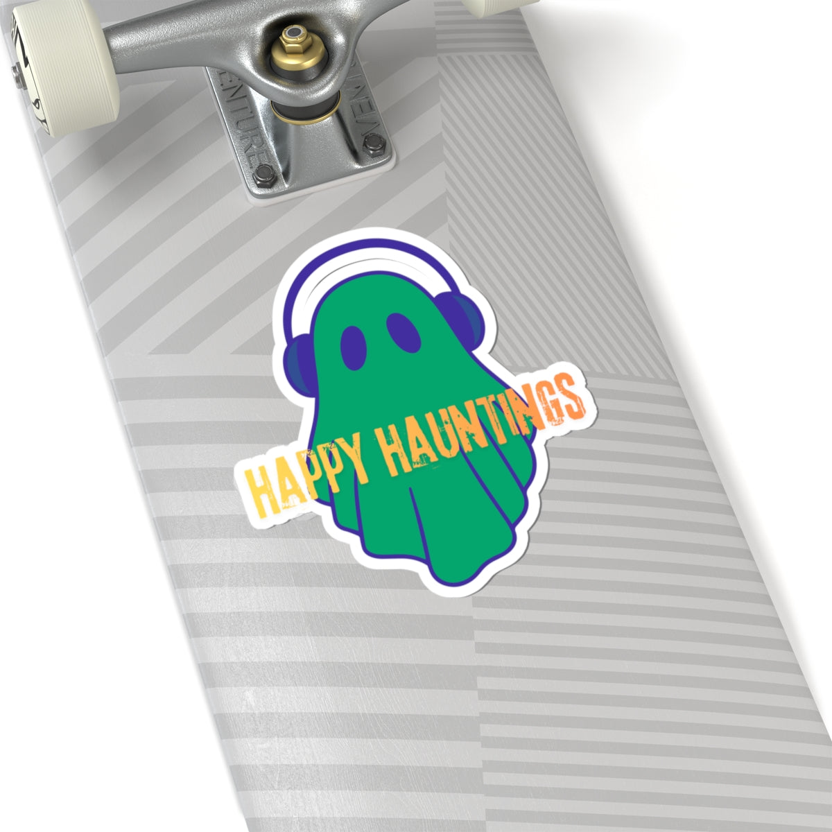 Happy Hauntings Ghost Sticker — Cute Green Ghost with Headphones Kiss-Cut Vinyl Sticker