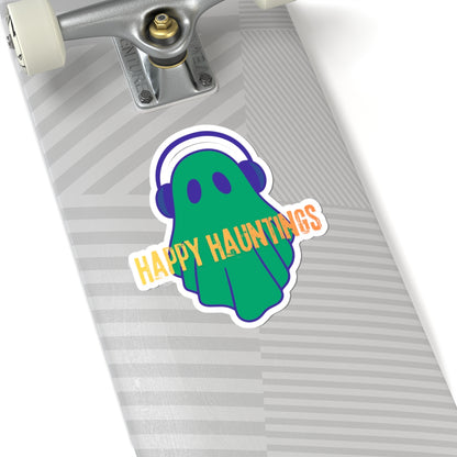 Happy Hauntings Ghost Sticker — Cute Green Ghost with Headphones Kiss-Cut Vinyl Sticker