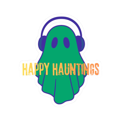 Happy Hauntings Ghost Sticker — Cute Green Ghost with Headphones Kiss-Cut Vinyl Sticker