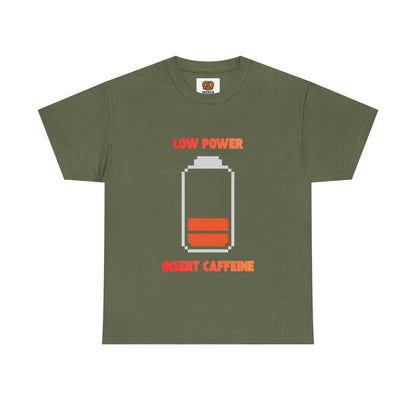 Low Power Insert Caffeine T‑Shirt — Funny Retro Battery Coffee Tee