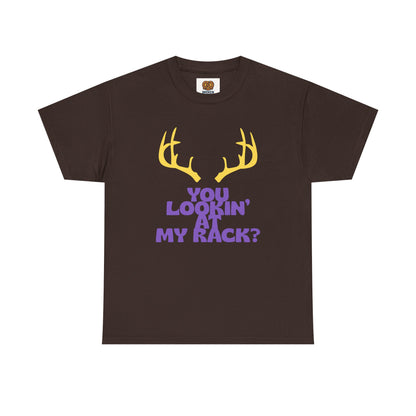 Funny Antler T-Shirt — "You Lookin' at My Rack?" Hunting Humor Tee