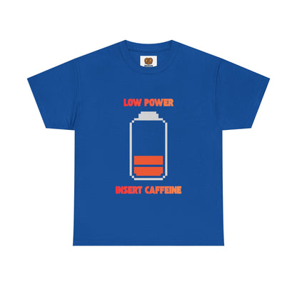 Low Power Insert Caffeine T‑Shirt — Funny Retro Battery Coffee Tee