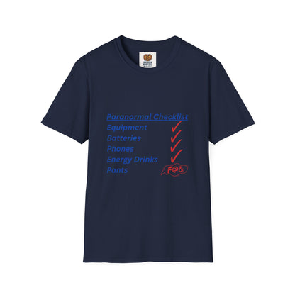 Paranormal Checklist T-Shirt — 'Batteries, Phones, Energy Drinks, Pens' Haunted Investigation Tee