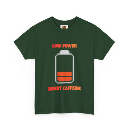 Low Power Insert Caffeine T‑Shirt — Funny Retro Battery Coffee Tee
