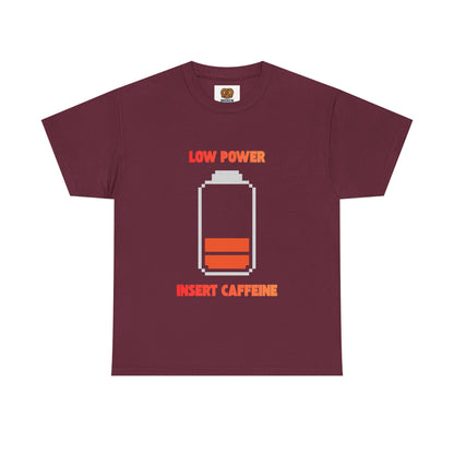 Low Power Insert Caffeine T‑Shirt — Funny Retro Battery Coffee Tee