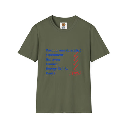 Paranormal Checklist T-Shirt — 'Batteries, Phones, Energy Drinks, Pens' Haunted Investigation Tee