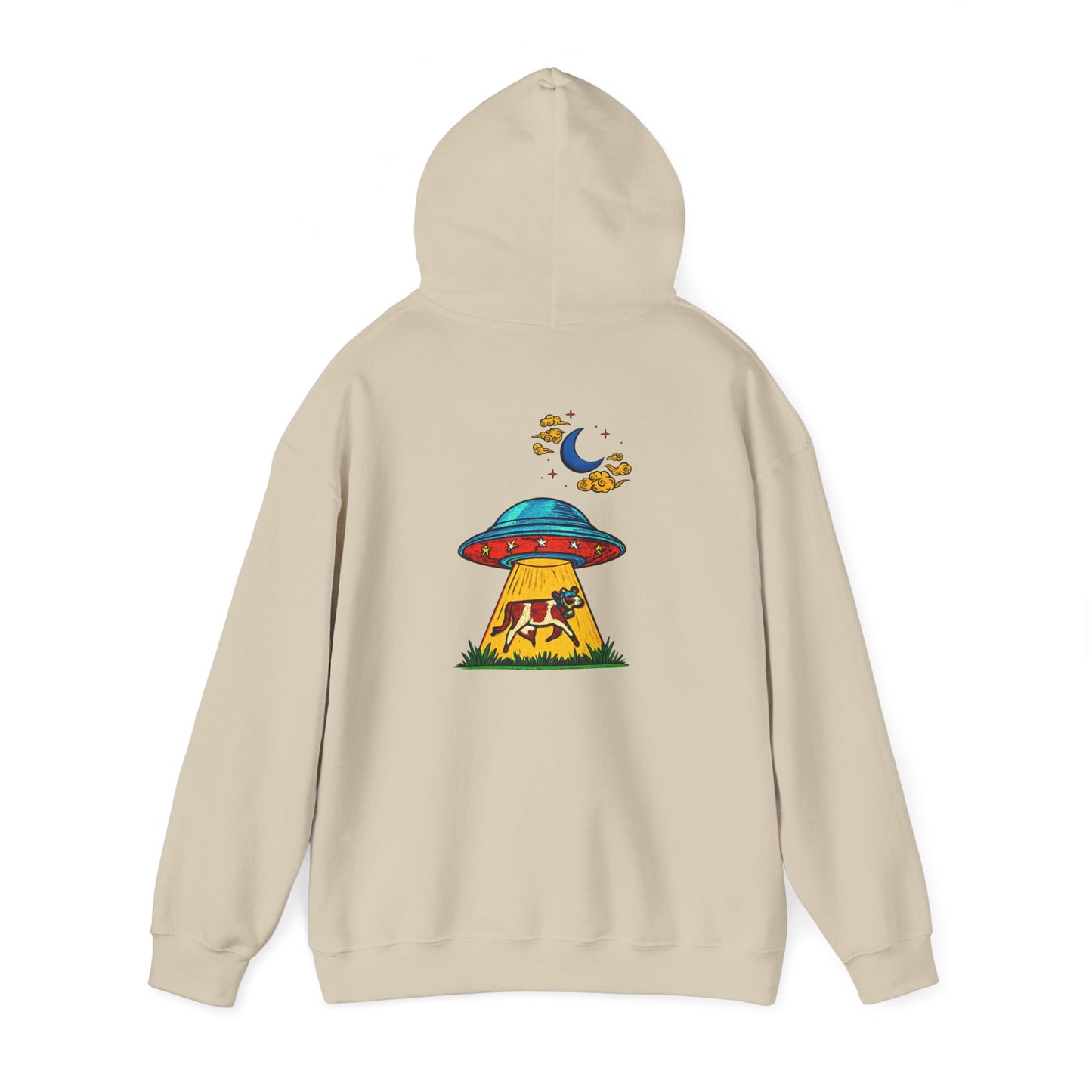 Alien UFO Abduction Hoodie — Colorful Retro Spaceship Graphic