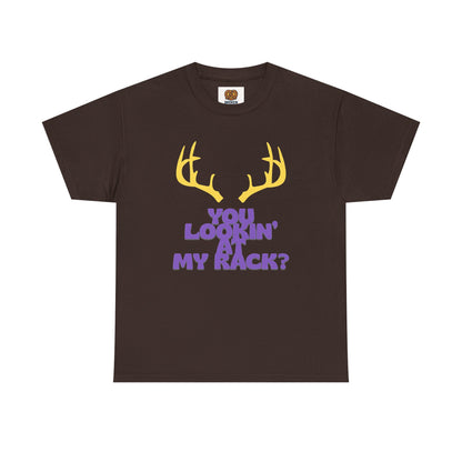 Funny Antler T-Shirt — "You Lookin' at My Rack?" Hunting Humor Tee