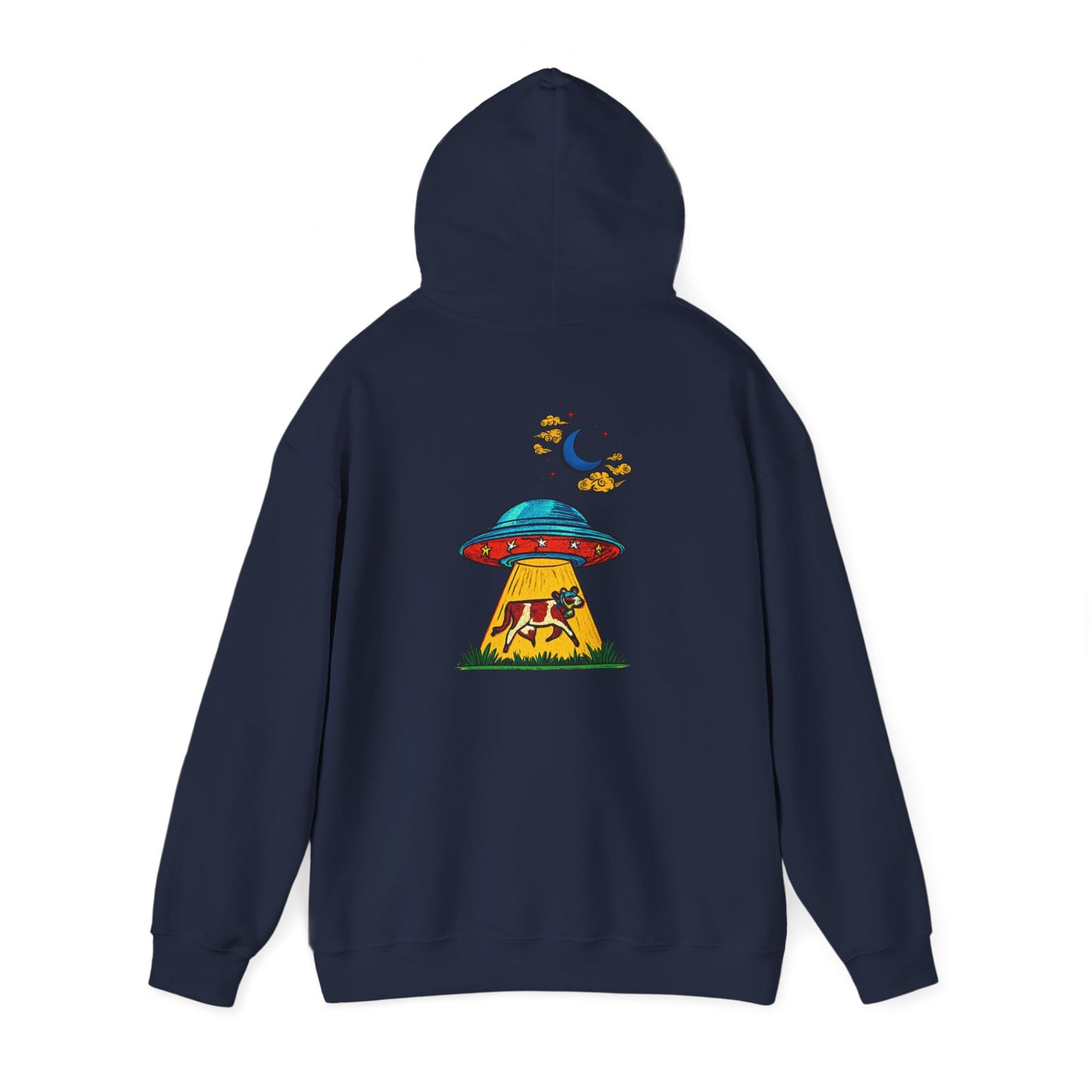 Alien UFO Abduction Hoodie — Colorful Retro Spaceship Graphic