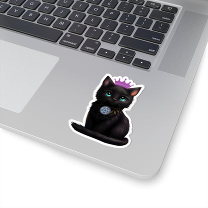 Black Cat Witch Sticker — Kiss-Cut Cute Goth Cat with Purple Crown & Pentacle
