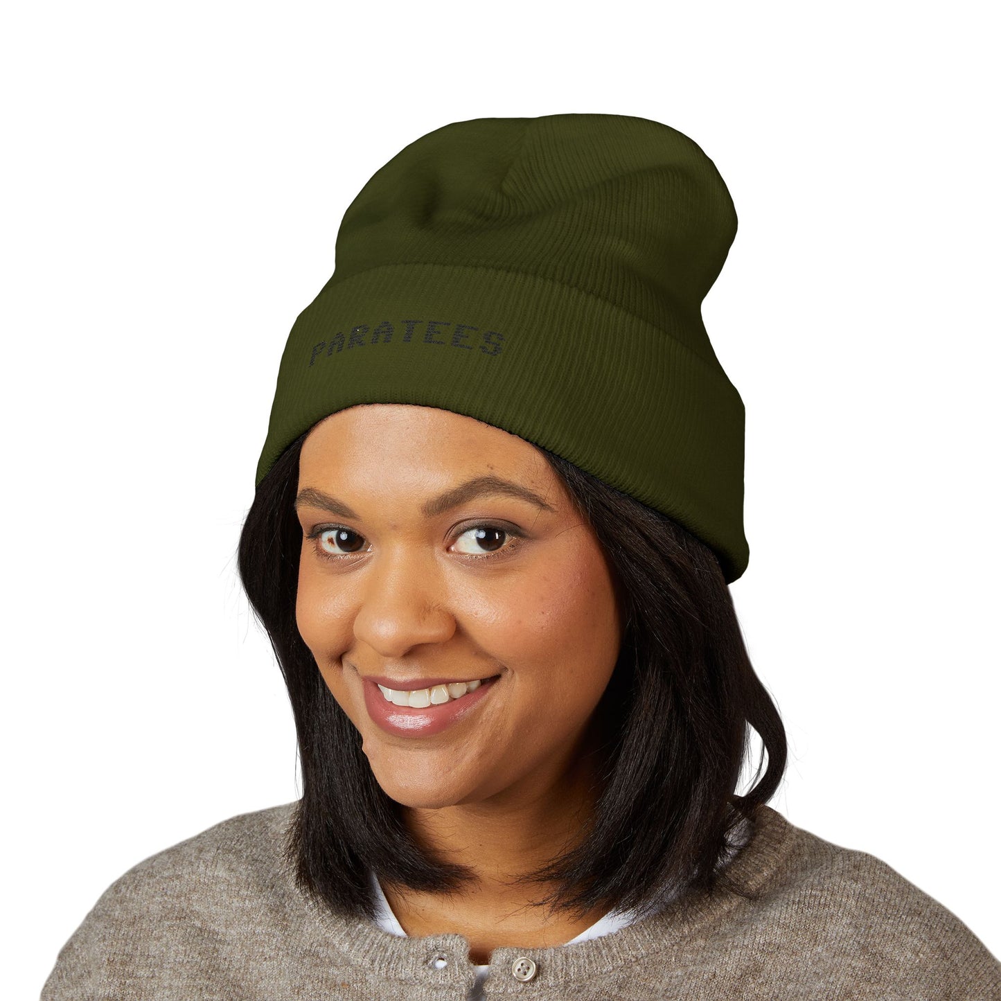 Paratees Embroidered Cuffed Beanie — Minimal Winter Knit Hat
