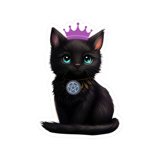 Black Cat Witch Sticker — Kiss-Cut Cute Goth Cat with Purple Crown & Pentacle