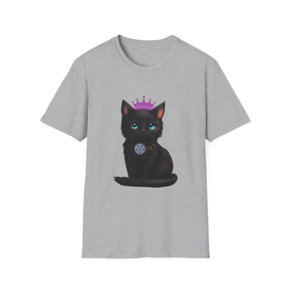 Wicca Queen T-Shirt — Black Cat with Crown & Crescent Moon Pagan Tee