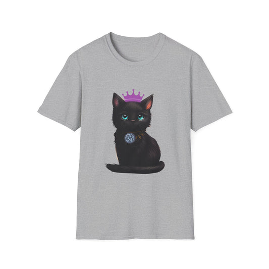Wicca Queen T-Shirt — Black Cat with Crown & Crescent Moon Pagan Tee