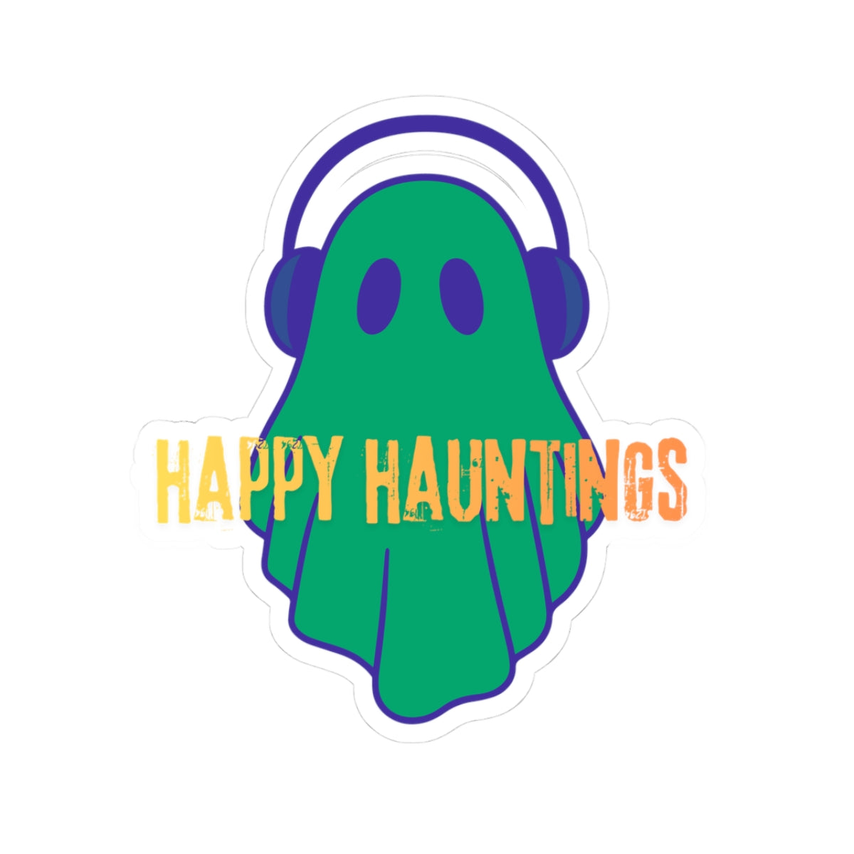 Happy Hauntings Ghost Sticker — Cute Green Ghost with Headphones Kiss-Cut Vinyl Sticker