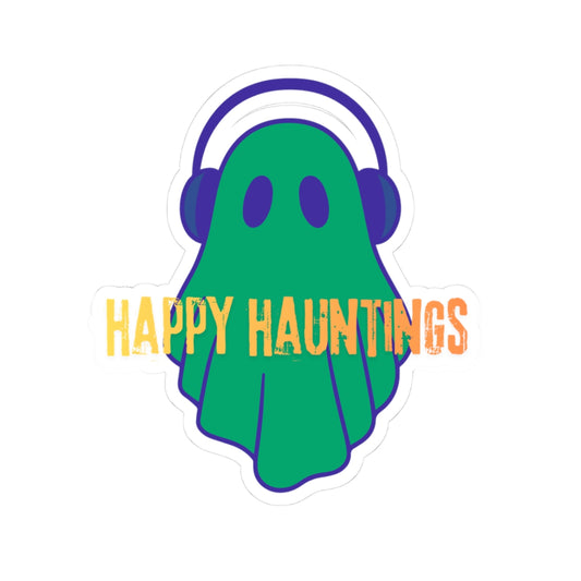 Happy Hauntings Ghost Sticker — Cute Green Ghost with Headphones Kiss-Cut Vinyl Sticker