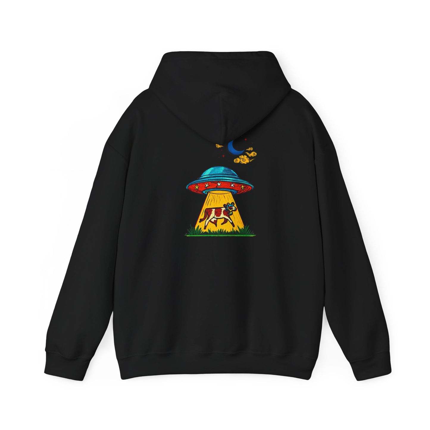 Alien UFO Abduction Hoodie — Colorful Retro Spaceship Graphic