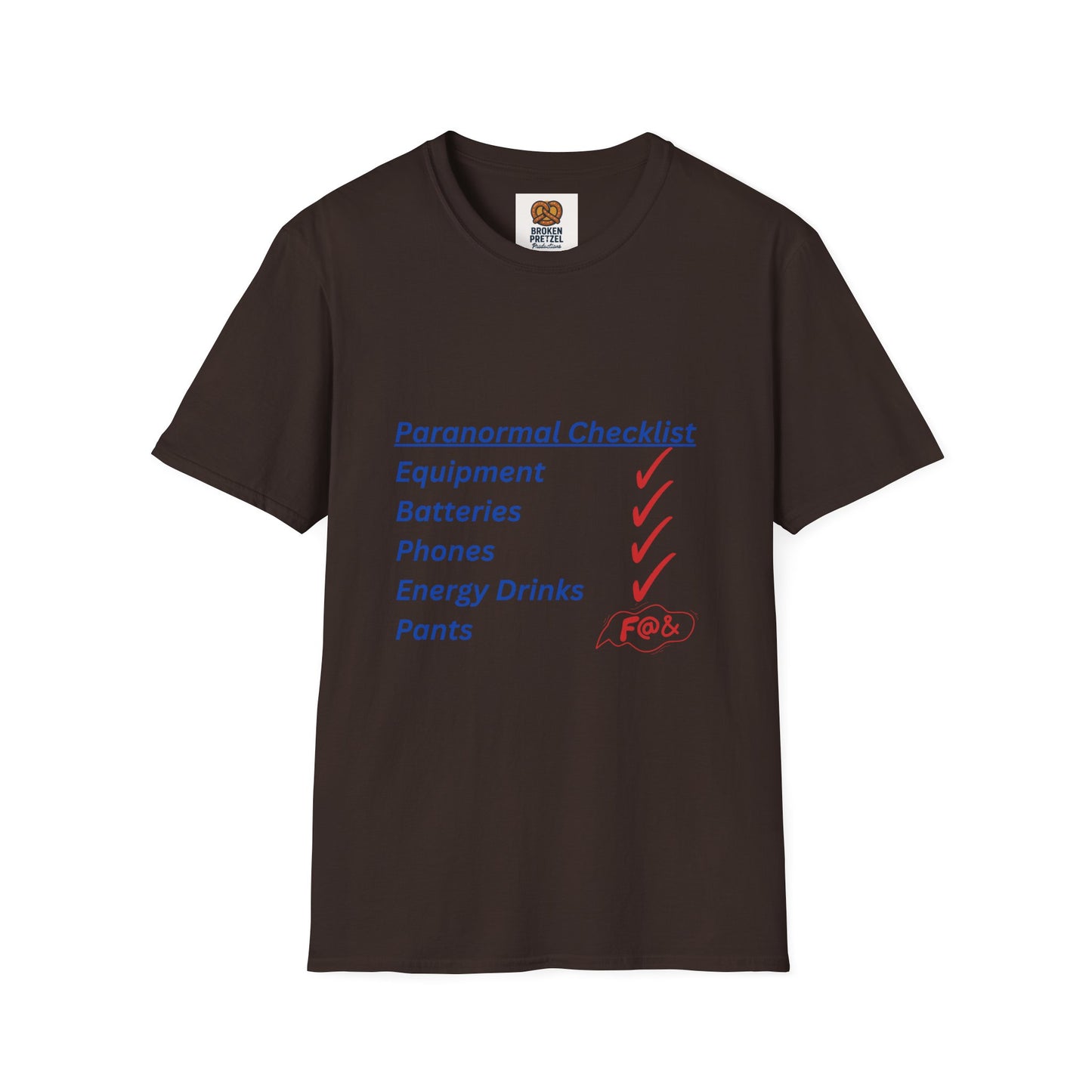 Paranormal Checklist T-Shirt — 'Batteries, Phones, Energy Drinks, Pens' Haunted Investigation Tee