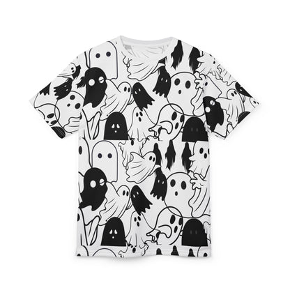 Ghost Pattern Cut & Sew Tee — Black & White Halloween All-Over Print