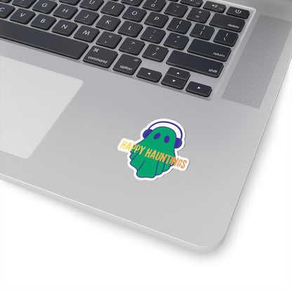 Happy Hauntings Ghost Sticker — Cute Green Ghost with Headphones Kiss-Cut Vinyl Sticker