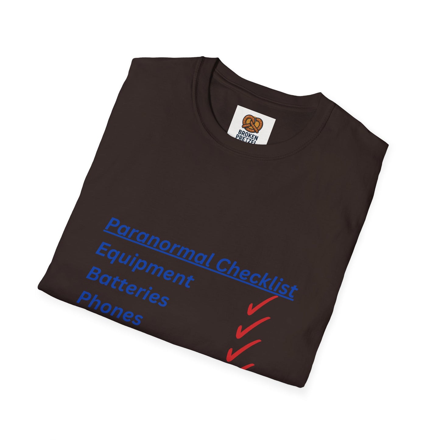 Paranormal Checklist T-Shirt — 'Batteries, Phones, Energy Drinks, Pens' Haunted Investigation Tee
