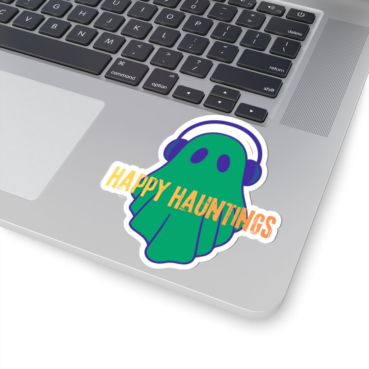 Happy Hauntings Ghost Sticker — Cute Green Ghost with Headphones Kiss-Cut Vinyl Sticker
