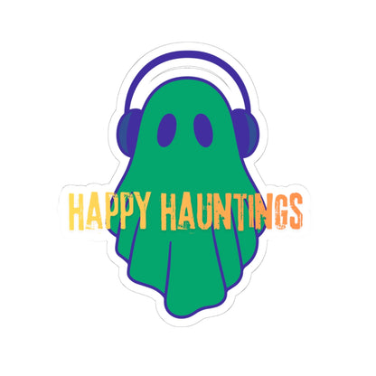 Happy Hauntings Ghost Sticker — Cute Green Ghost with Headphones Kiss-Cut Vinyl Sticker