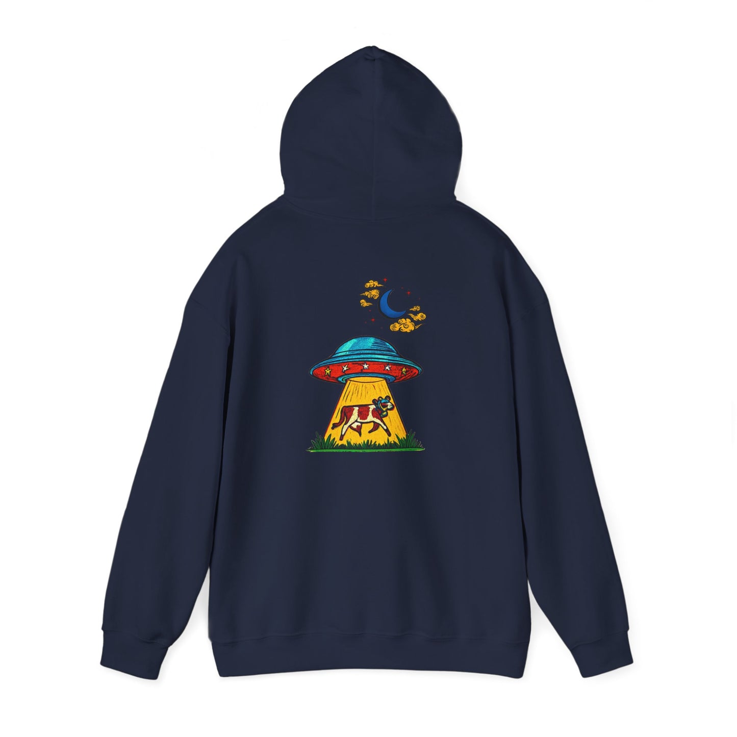 Alien UFO Abduction Hoodie — Colorful Retro Spaceship Graphic