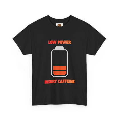 Low Power Insert Caffeine T‑Shirt — Funny Retro Battery Coffee Tee