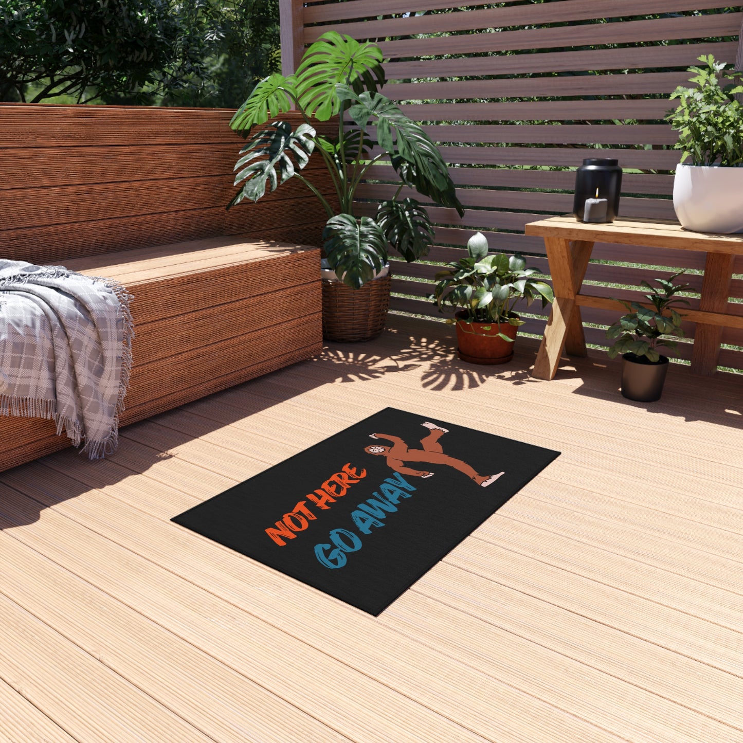 Outdoor Rug — 'Not Here Go Away' Sasquatch Doormat for Porch & Patio
