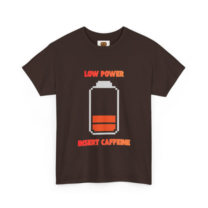 Low Power Insert Caffeine T‑Shirt — Funny Retro Battery Coffee Tee
